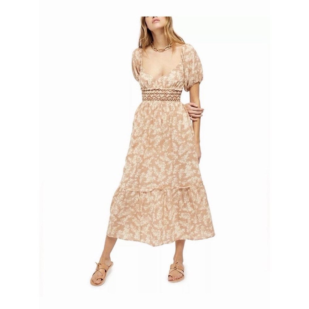 Free People Ellie Printed Neutral Maxi Dress Small Pockets